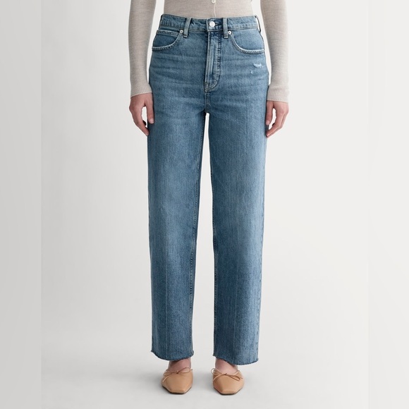 Everlane “the way high jean” in Distressed Wash Raw Hem Straight Leg - Picture 3 of 7